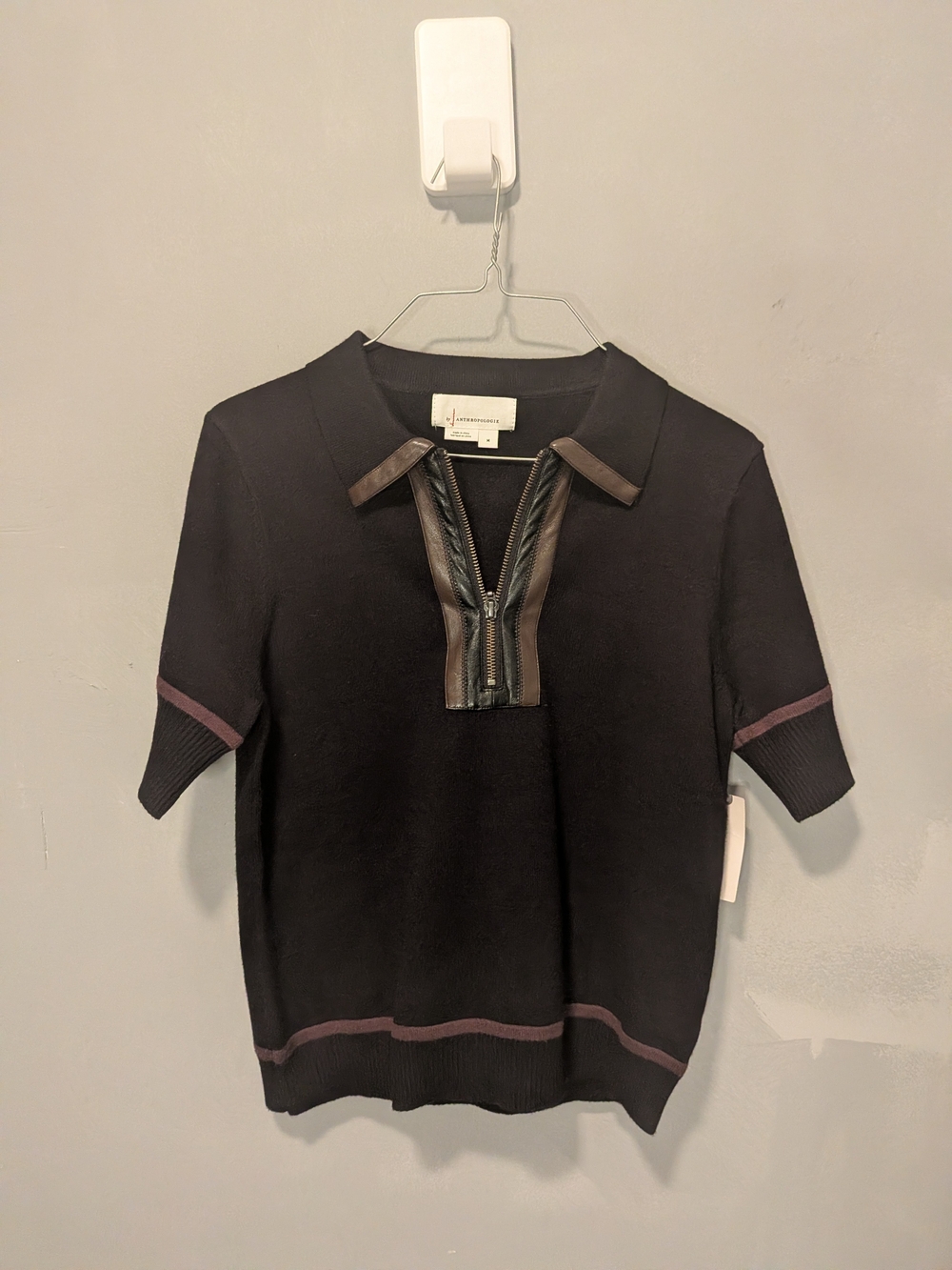 Anthropologie Black Sweater with Brown Trim and Zipper